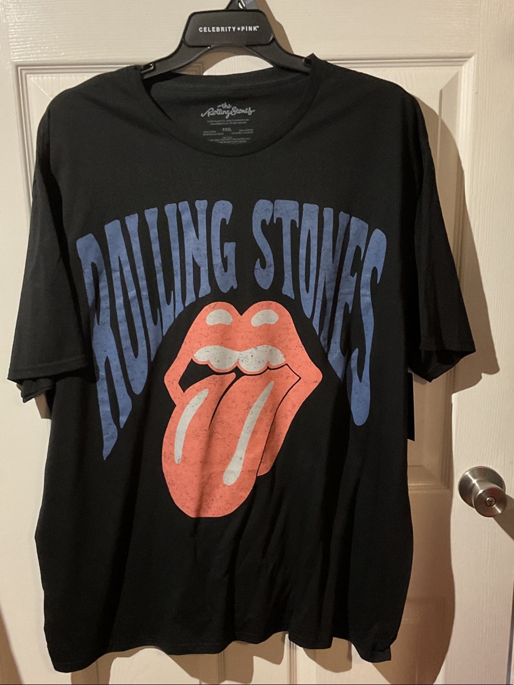 Rolling Stones Black Band Tee with Red Tongue and Blue Text